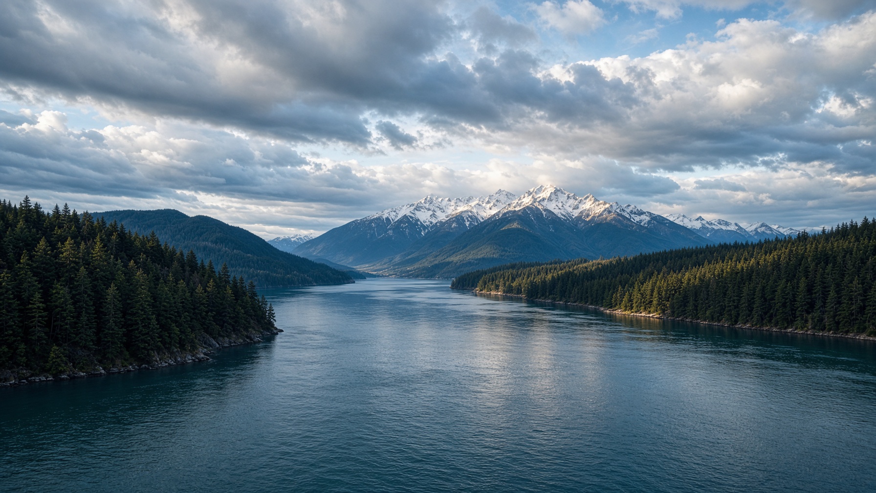 Kitsap fjord, evergreen shoreline, and the Olympic Mountains